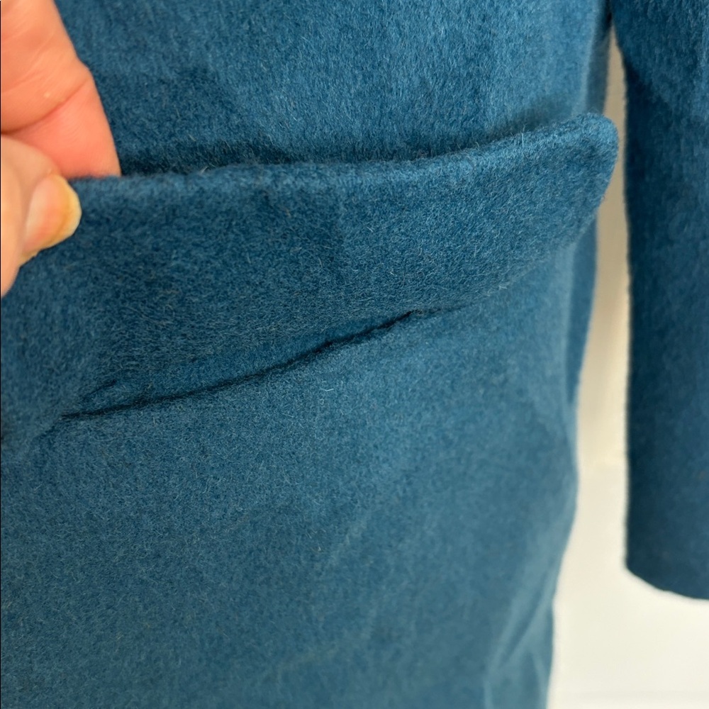 ZARA TEAL BLUE WOOL BLEND LONGLINE HAND-MADE 1 BUTTON CLOSURE DRESS COAT SZ MED - Picture 9 of 12